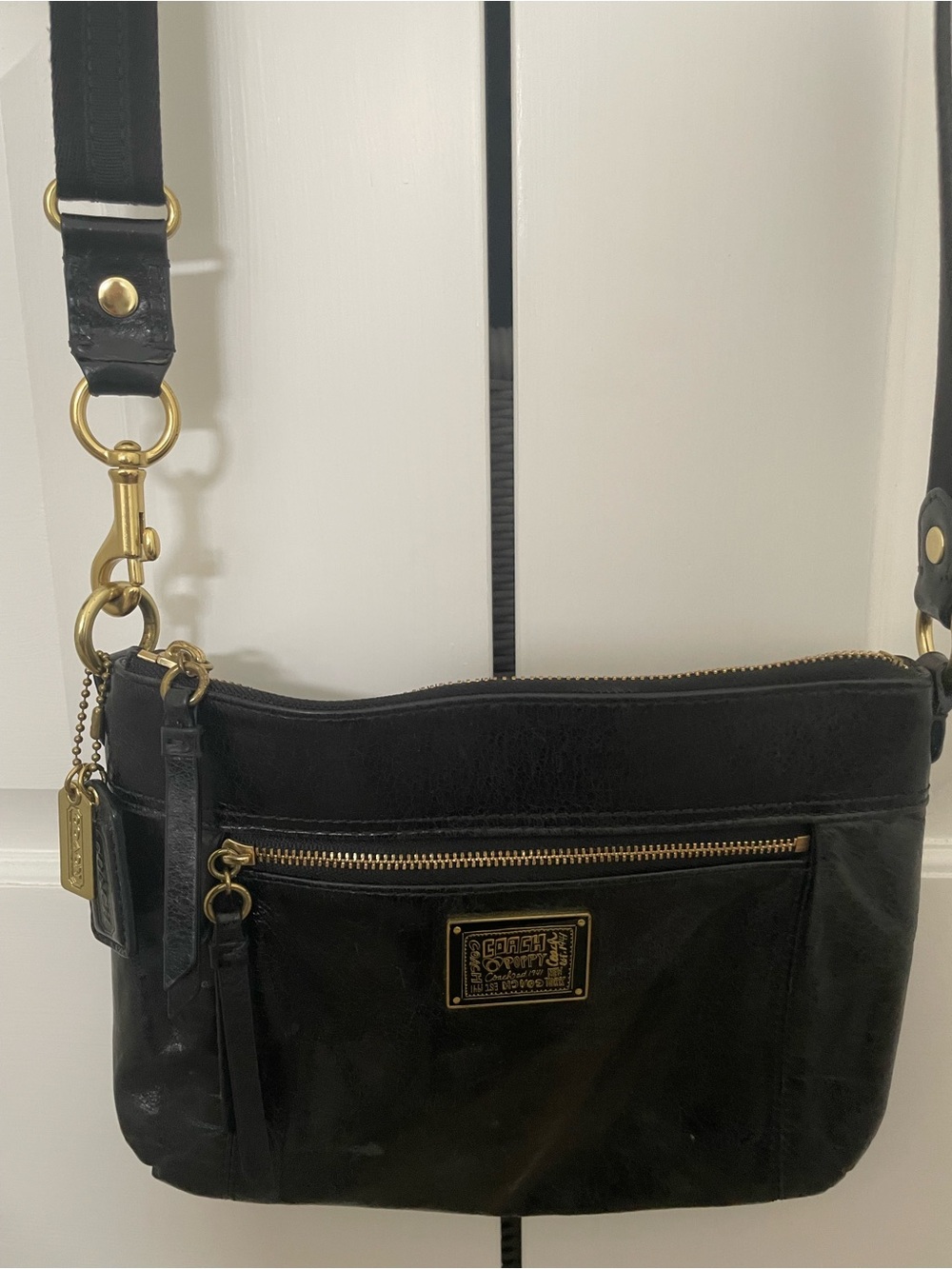 Coach Black Leather Crossbody with Gold Hardware Accents